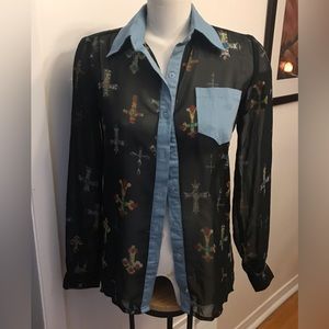New ! Fun & Flirt Black Patterned Sheer Blouse - Size Small
